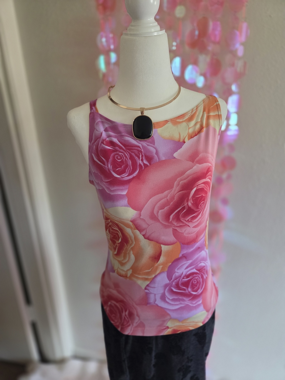 Y2K Moa Moa Pink and Coral Floral Rose Print Tank Top